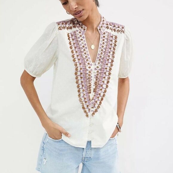 Anthropologie Tops - Anthropologie Forever That Girl Cotton Embroidered Beaded Peasant Top Ecru US 2